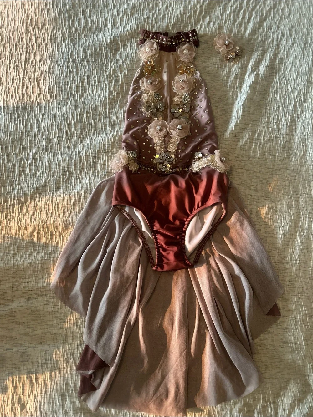 Glamour Dusty Rose Dance Costume with Sheer Embellished Bodice